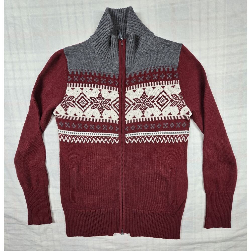 Eddie Bauer Womens Fair Isle Full-Zip Mock Neck Sweater Cardigan Pockets M